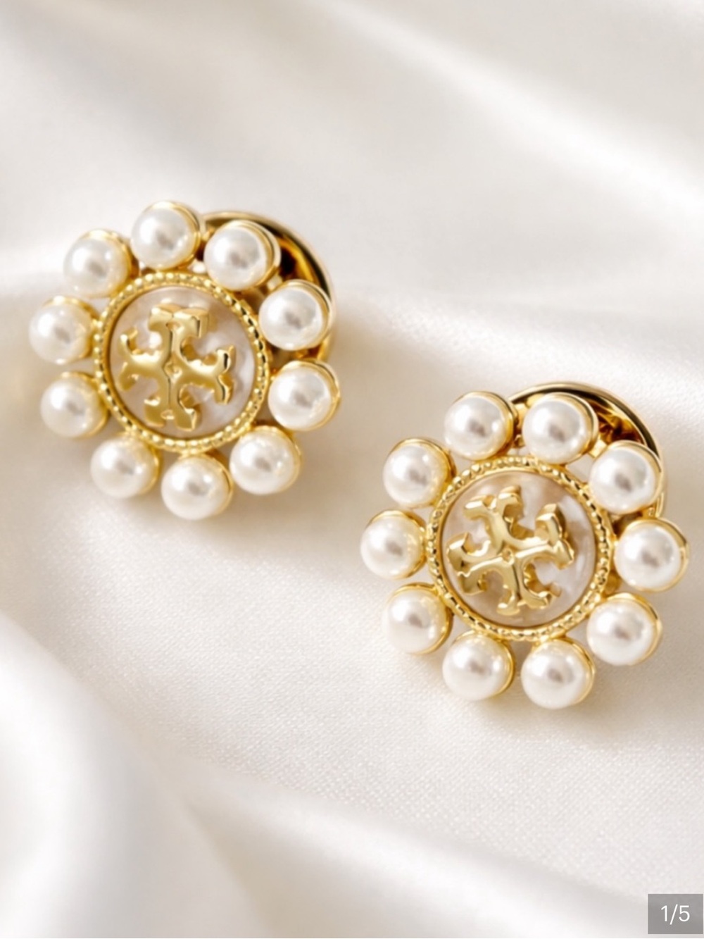 Tory Burch Gold Logo Pearl Halo Stud Earrings